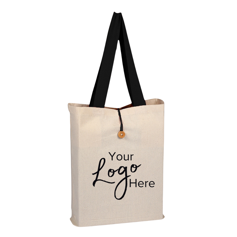 Button up tote 15 x 16 x 3 gusset bag with color handles