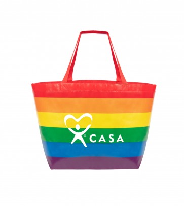 Bright rainbow laminated tote bag.