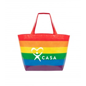 Bright rainbow laminated tote bag.