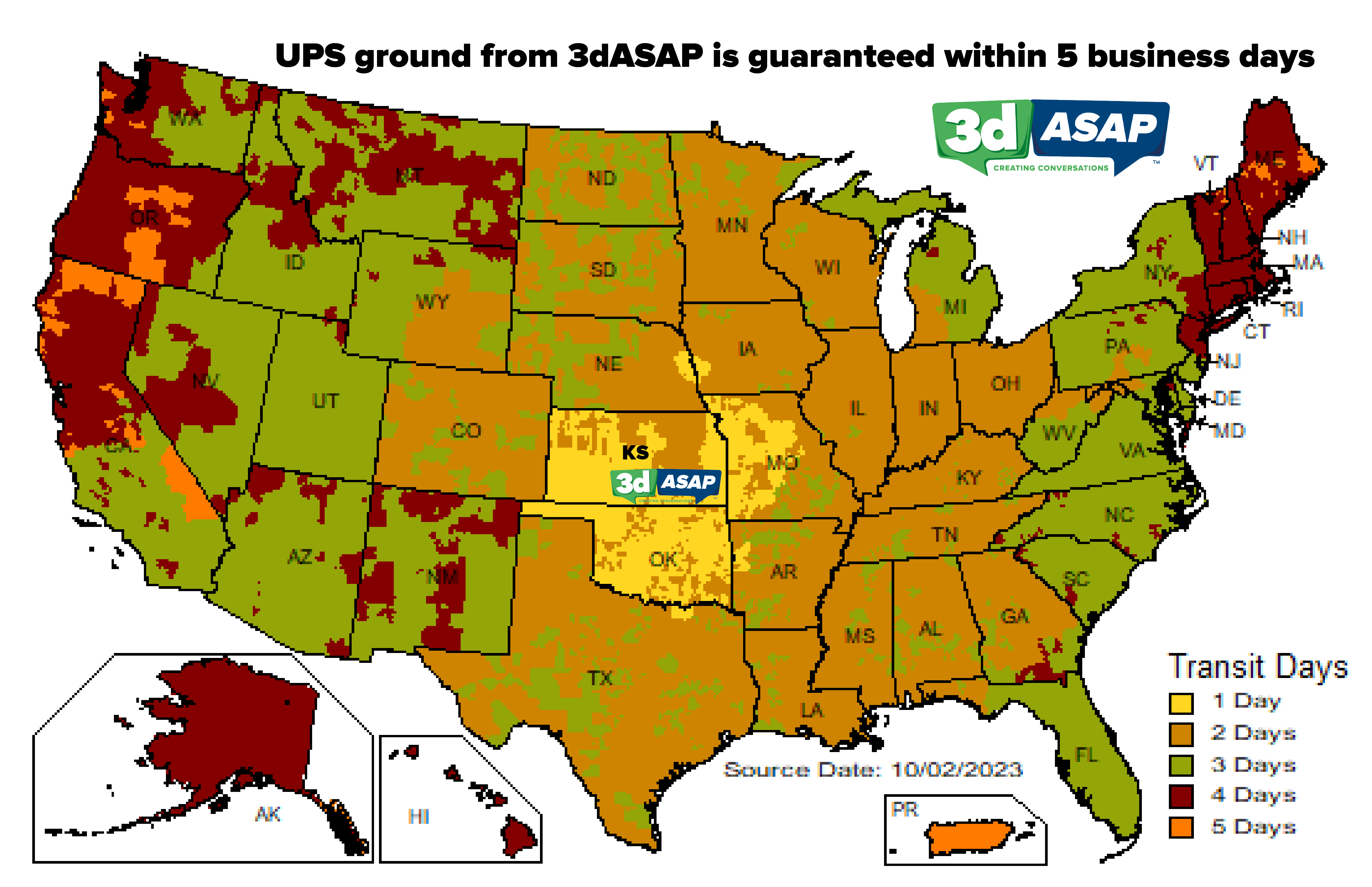 UPS Time in Transit Map from 3dASAP in Sealy, Texas 67010